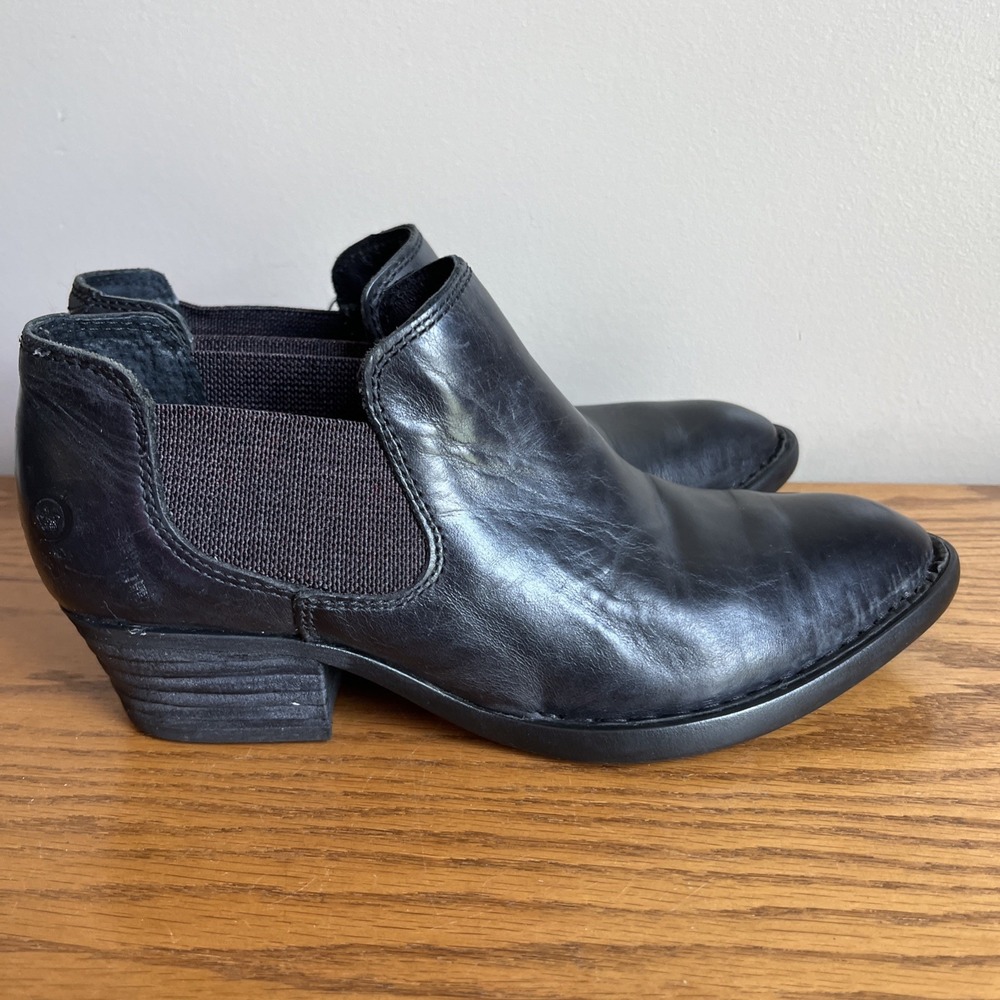 Born Women's Size 6 Dallia Black Leather Ankle Bootie Block Heel Shoes - Picture 4 of 12
